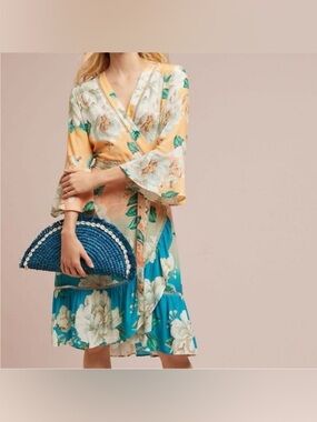 FARM Rio Yellow and Teal Floral Wrap Midi Dress